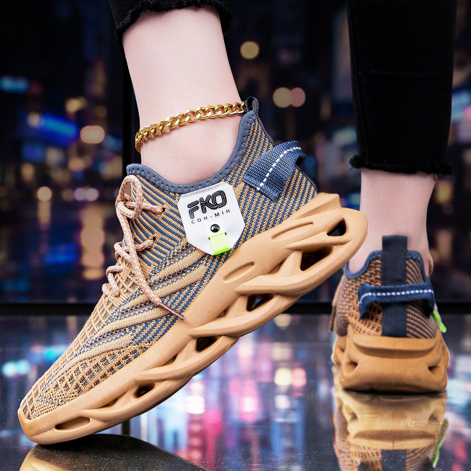Knit Fabric Lace Up Sneakers - Heren ademende gebreide sneakers met bladezool,